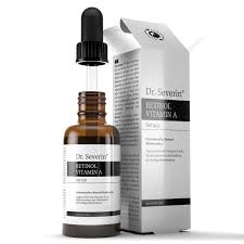 Dr. Severin Retinol Vitamin A Serum in brauner Flasche mit Pipette und geöffneter Verpackung.