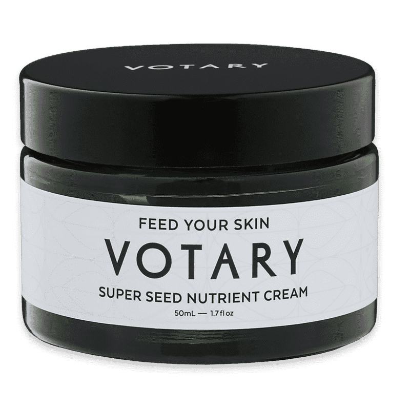 Super-Seed-Nutrient-Cream_optimized VOTARY Super Seed Nutrient Cream, 50ml, schwarze Dose mit weißem Etikett, Text 'Feed Your Skin'.