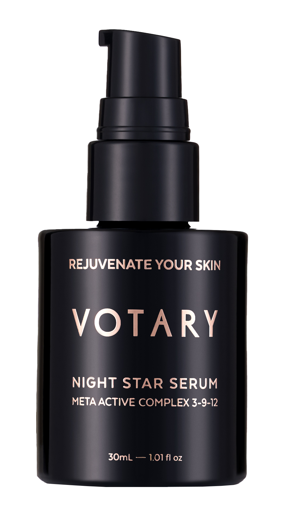Schwarze Flasche Votary Night Star Serum mit Meta Active Complex 3-9-12, 30ml. Text: 'Rejuvenate Your Skin'.