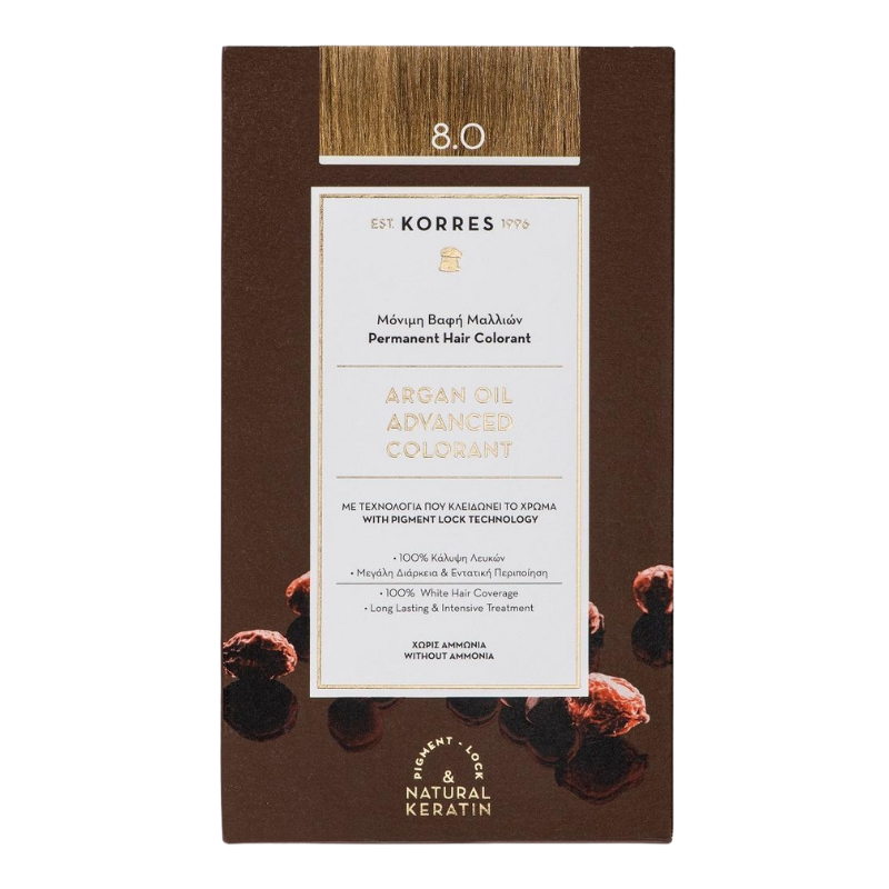 KORRES Argan Oil Haarfarbe 8.0 Hellblond Verpackung, braun mit goldenen Akzenten und Text in Weiß.
