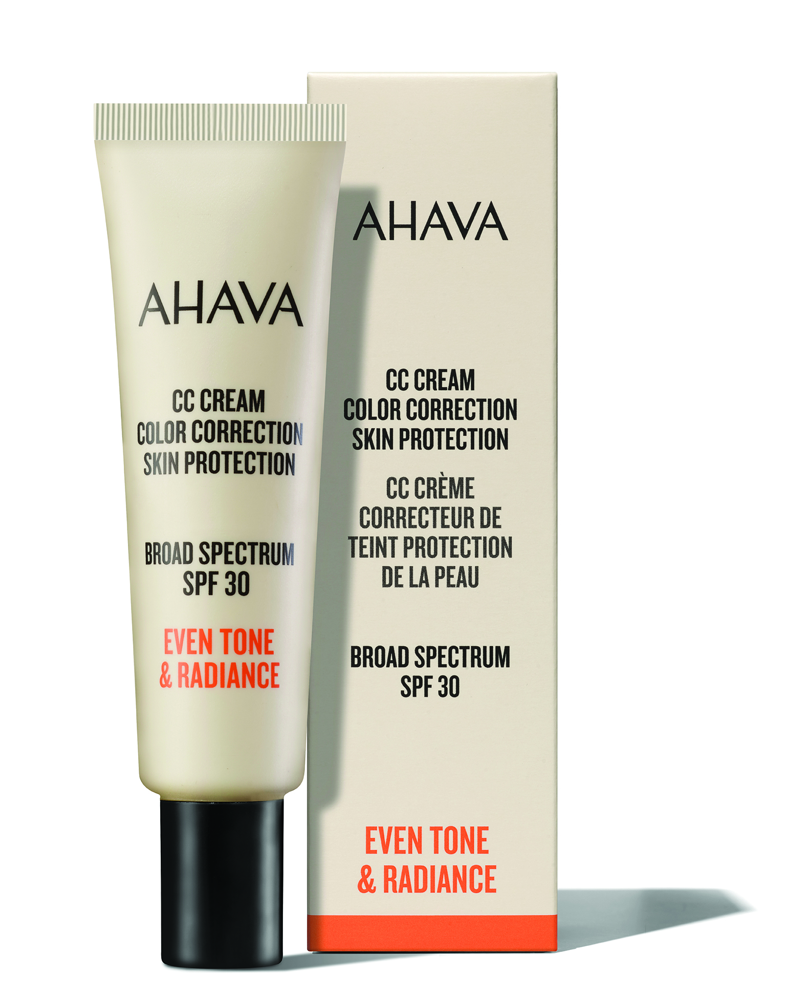 0697045159925 AHAVA CC Cream mit SPF 30, Verpackung und Tube, für gleichmäßigen Hautton und Strahlkraft.