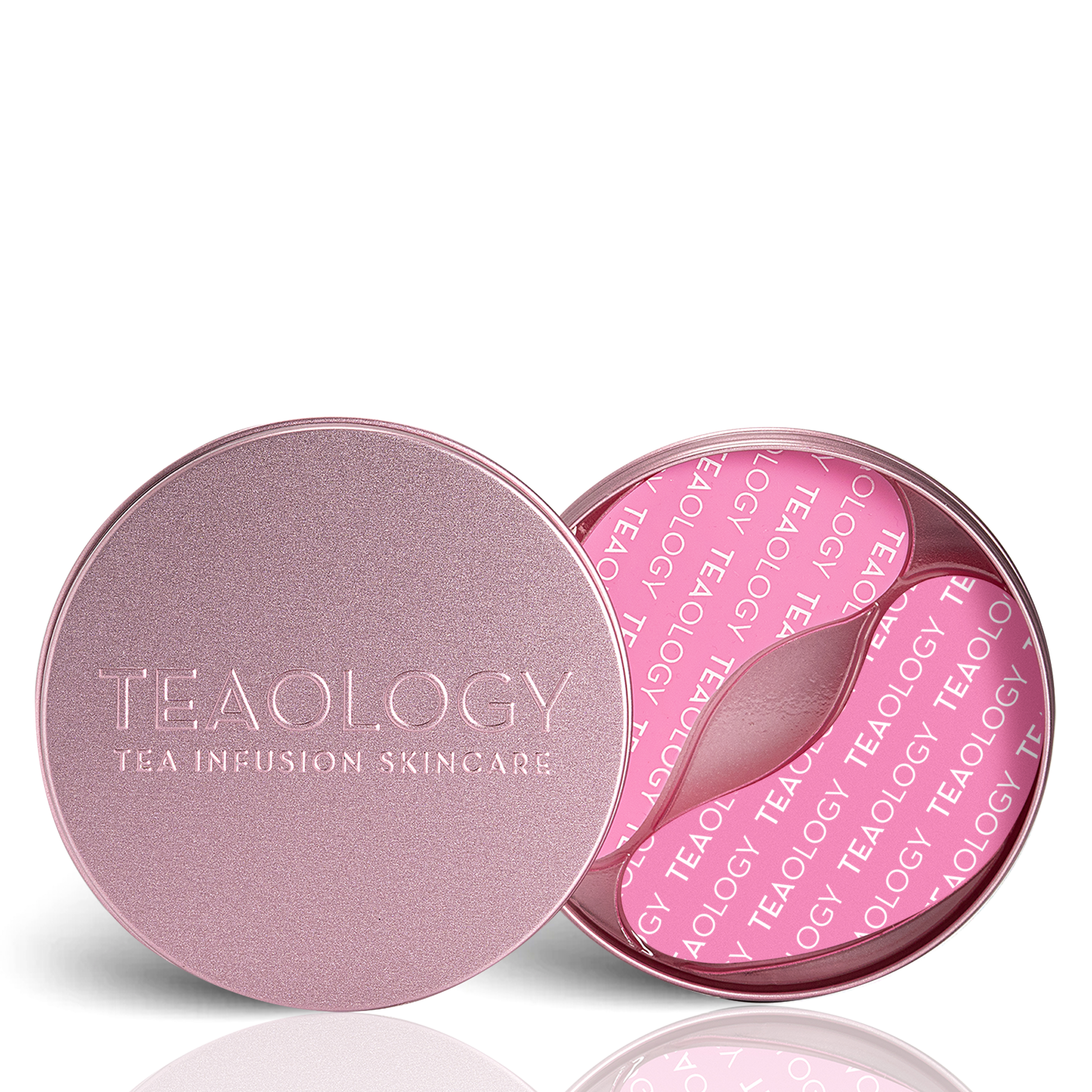 Rosa Tealogy-Dose mit geöffnetem Deckel, zeigt rosa Augenpatches mit Tealogy-Logo.