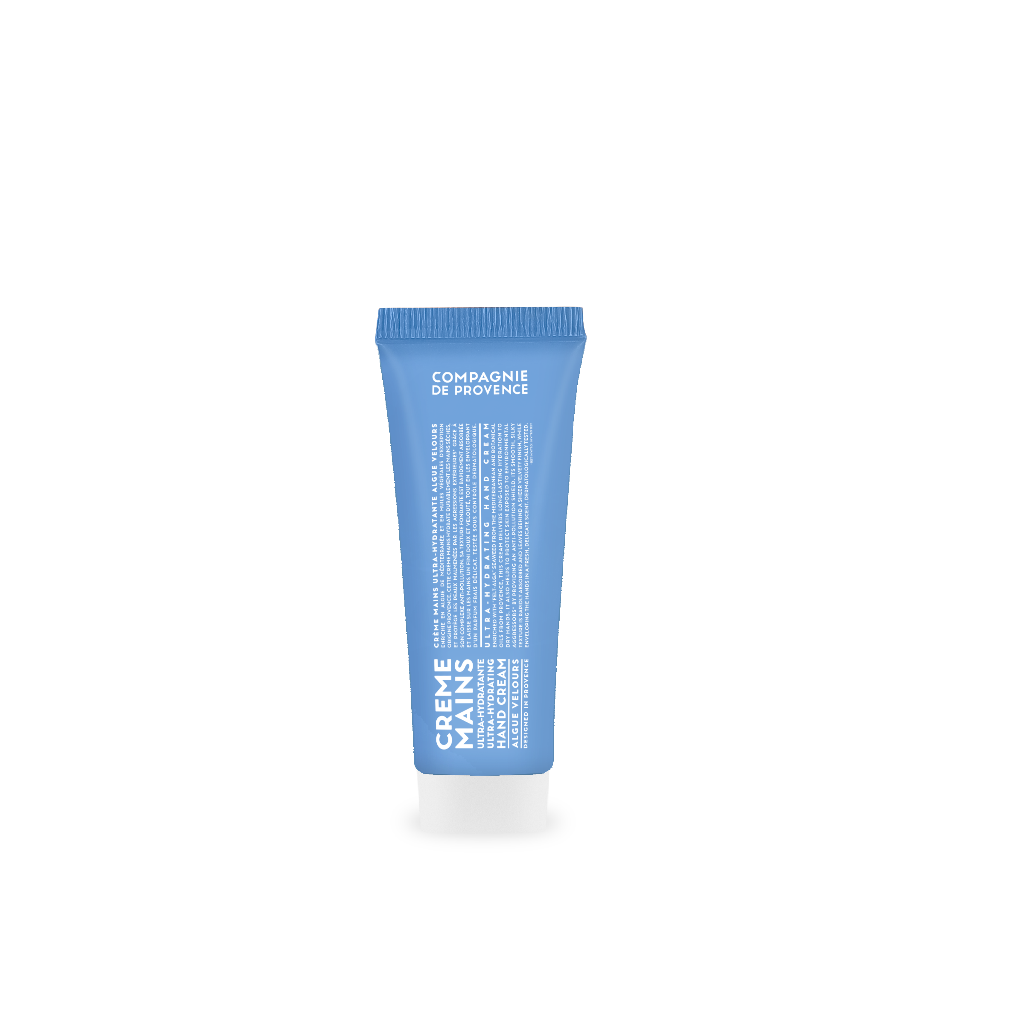 creme-mains-75ml-algue-velours Blaues Handcreme-Tube 'Creme Mains' von Compagnie de Provence, 75ml, auf weißem Hintergrund.