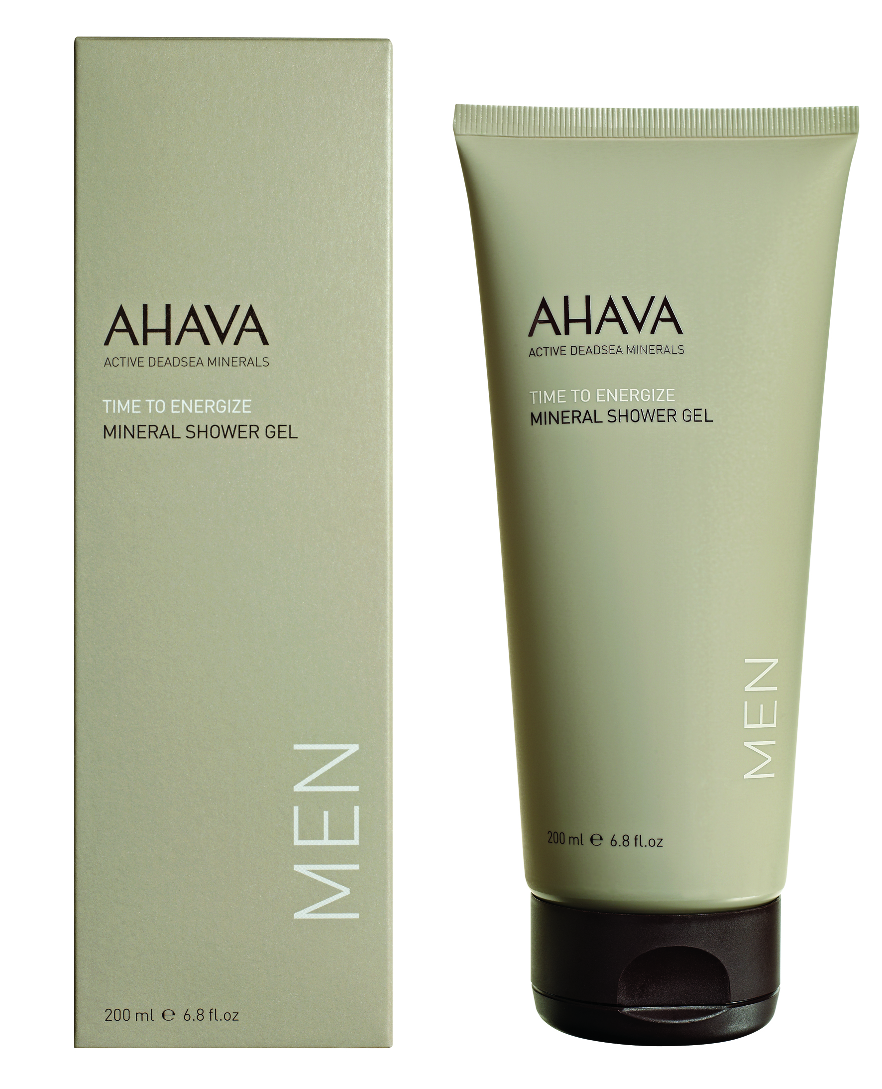 AHAVA Time to Energize Mineral Shower Gel für Männer, 200 ml Tube und Verpackung.