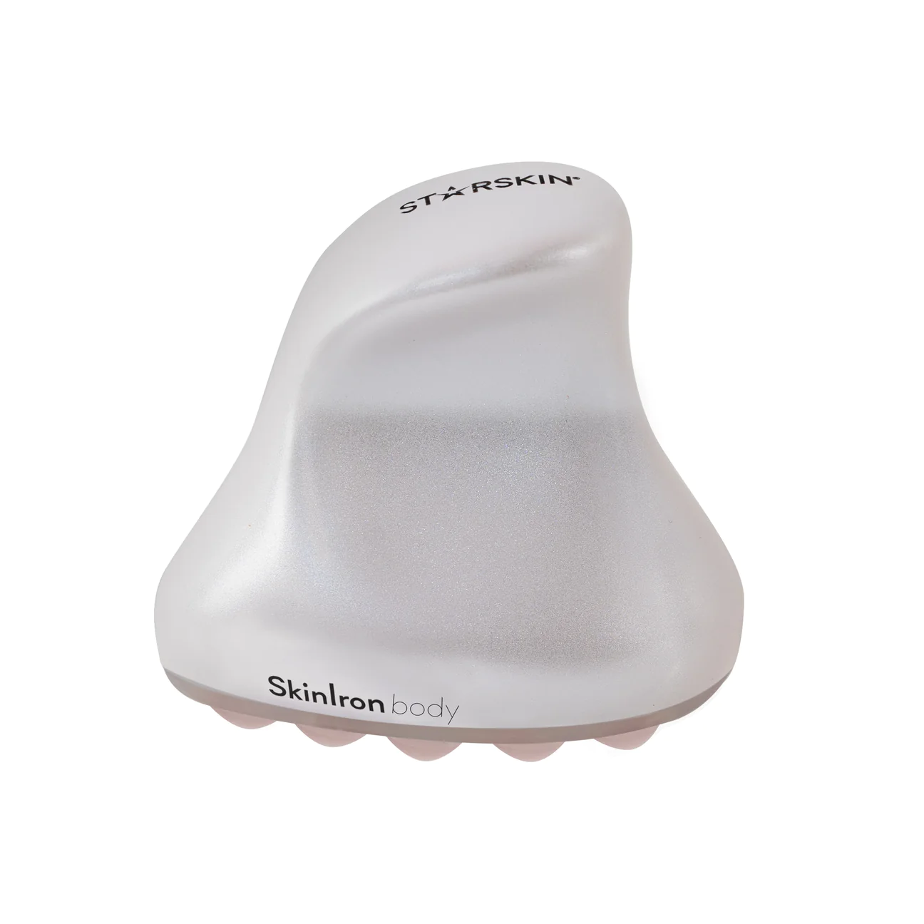 230224_SkinIron_Rosequartz_Body_v1e_1296x Ein SkinIron Körpermassagegerät aus Rosenquarz von Starskin auf weißem Hintergrund.