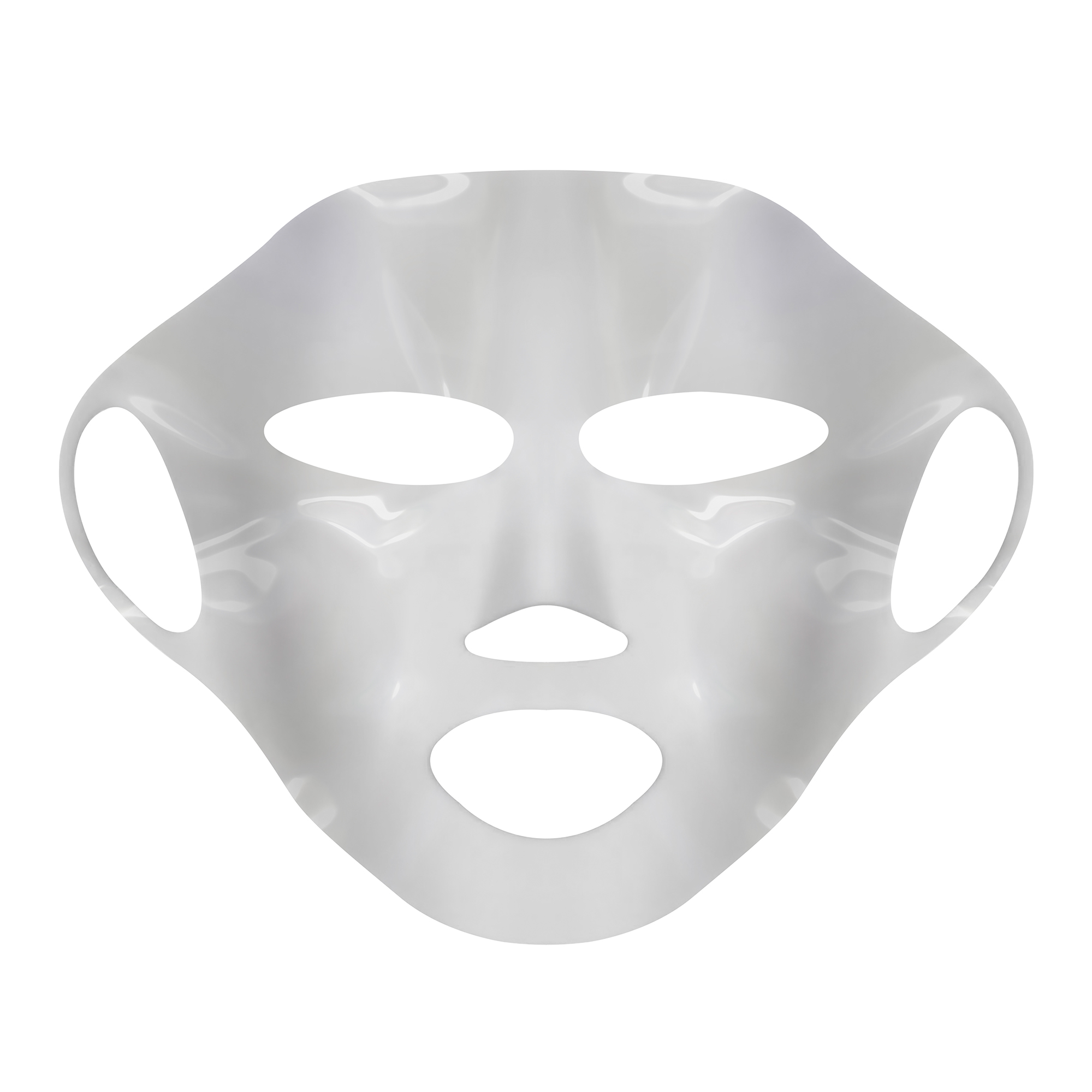 Weiße Gesichtsmaske mit Öffnungen für Augen, Nase und Mund, auf weißem Hintergrund.