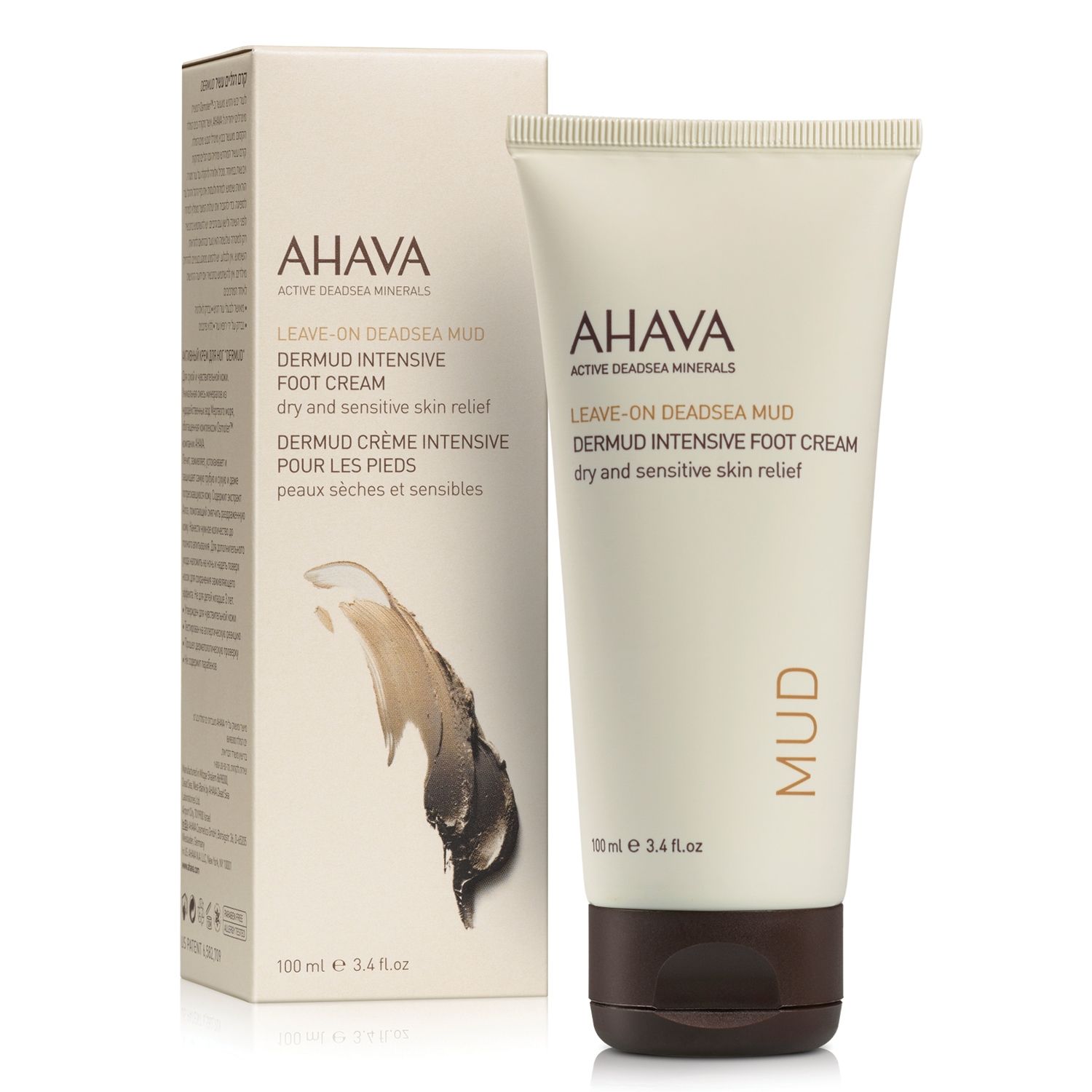 image_107868_1 AHAVA Dermud Intensive Fußcreme, 100 ml Tube und Verpackung, für trockene und empfindliche Haut.