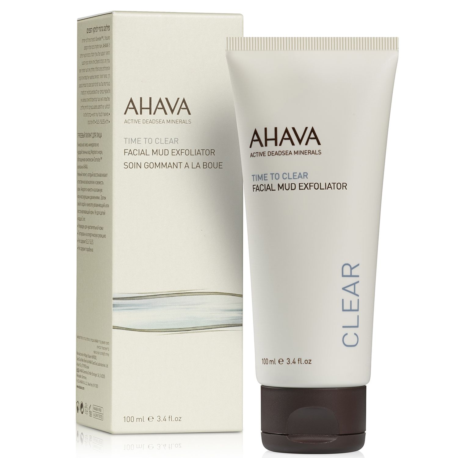 AHAVA Time to Clear Facial Mud Exfoliator, 100 ml Tube neben der Verpackung, auf weißem Hintergrund.
