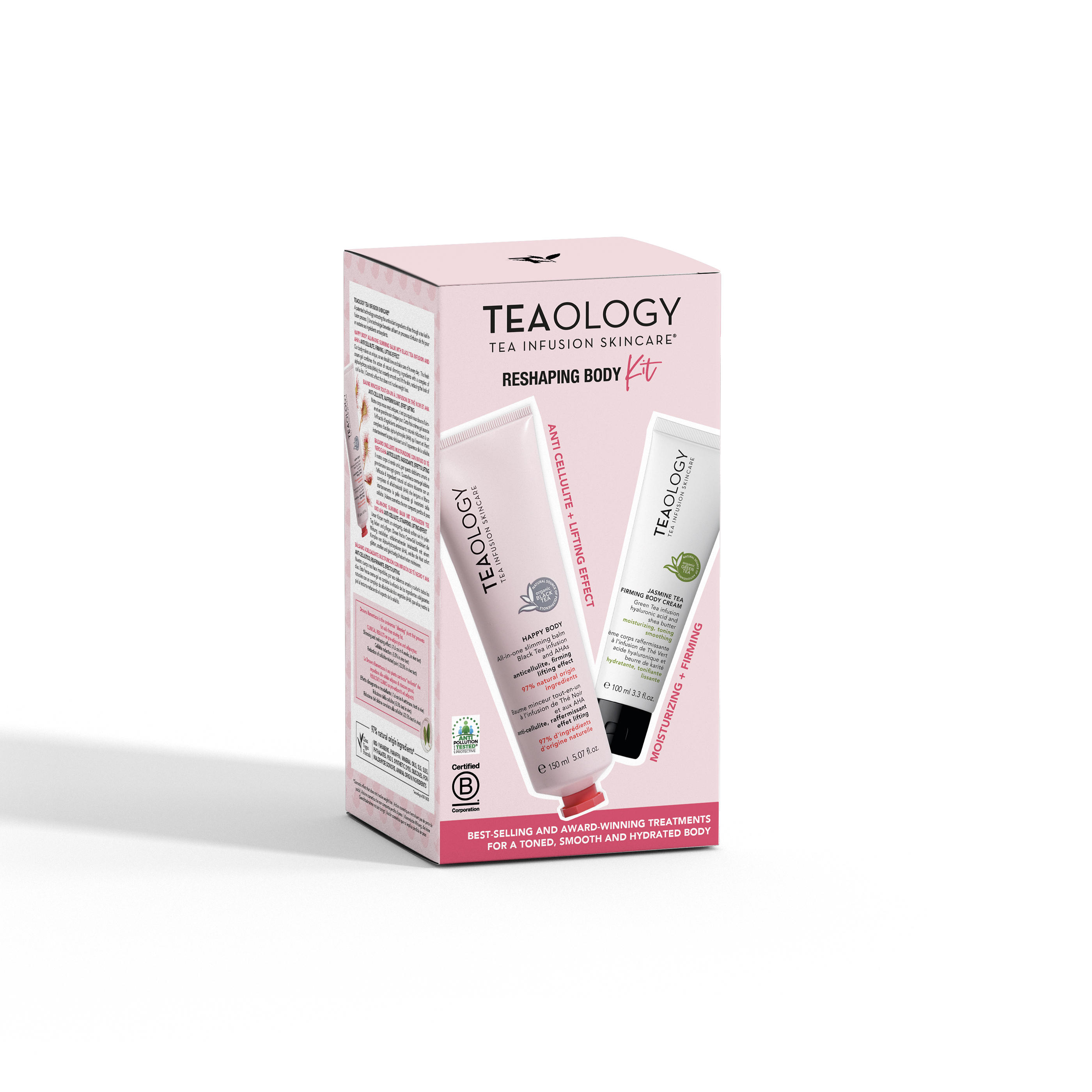 Teaology Reshaping Body Kit Verpackung mit zwei Tuben, Vorder- und Rückseite sichtbar.