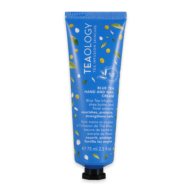 TEAOLOGY Blue Tea Hand and Nail Cream, 75 ml Tube, blaue Verpackung mit Blumenmuster.