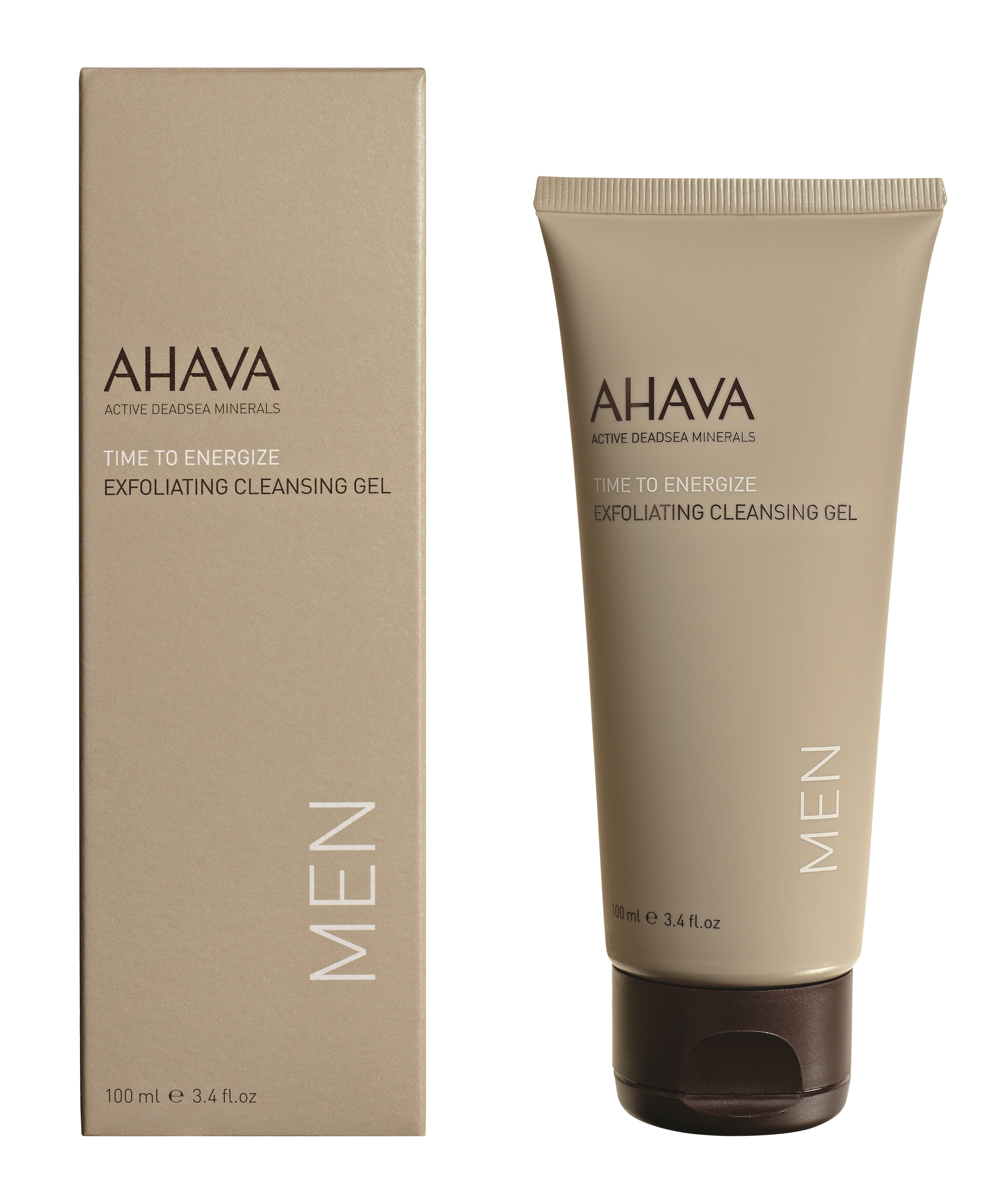 0697045155477 AHAVA Time to Energize Exfoliating Cleansing Gel für Männer, 100 ml Tube neben der Verpackung.