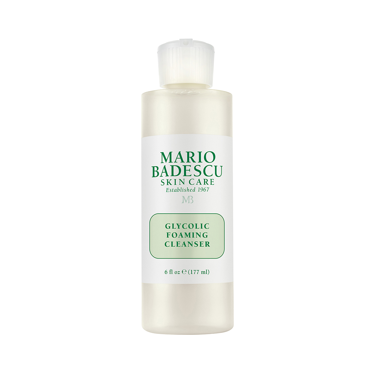 Flasche Mario Badescu Glycolic Foaming Cleanser, 177 ml, auf weißem Hintergrund.
