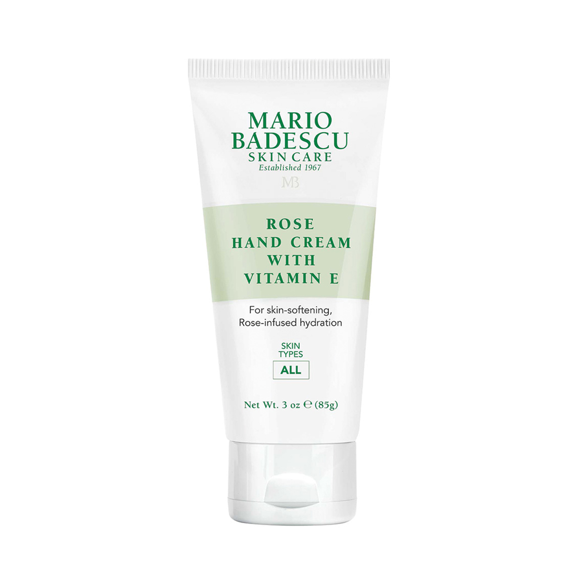 10423_0 Tube der Mario Badescu Rose Hand Cream mit Vitamin E auf weißem Hintergrund.
