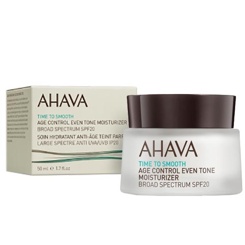 AHA82515066_d AHAVA Time to Smooth Age Control Even Tone Moisturizer SPF 20, 50 ml, in weißem Tiegel mit braunem Deckel und Verpackung.