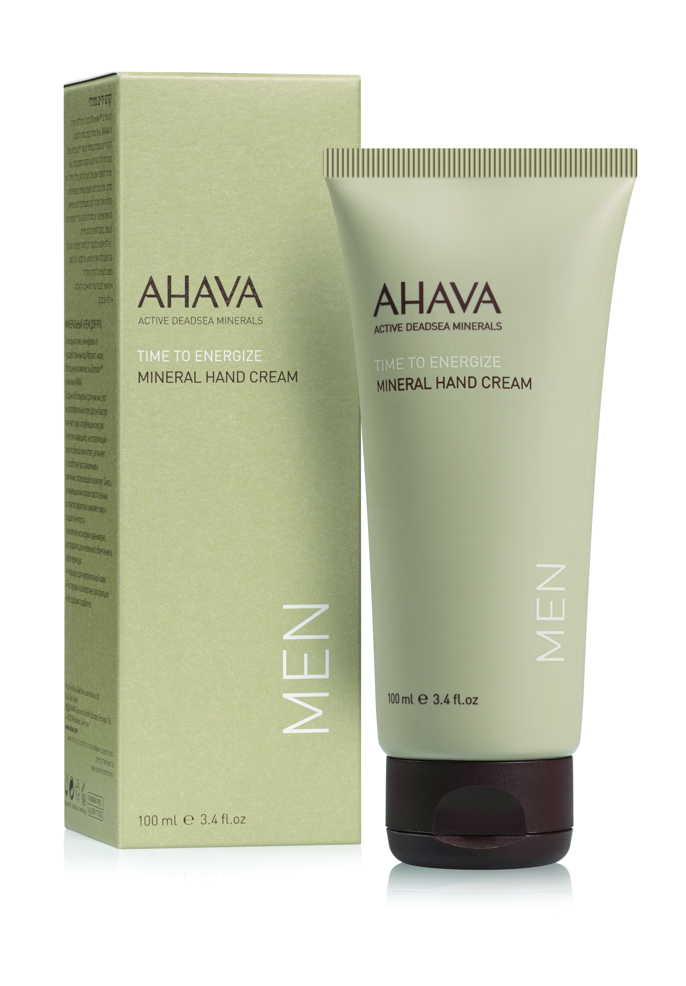 0697045158300 AHAVA Mineral Hand Cream für Männer, 100 ml Tube und Verpackung, grün.
