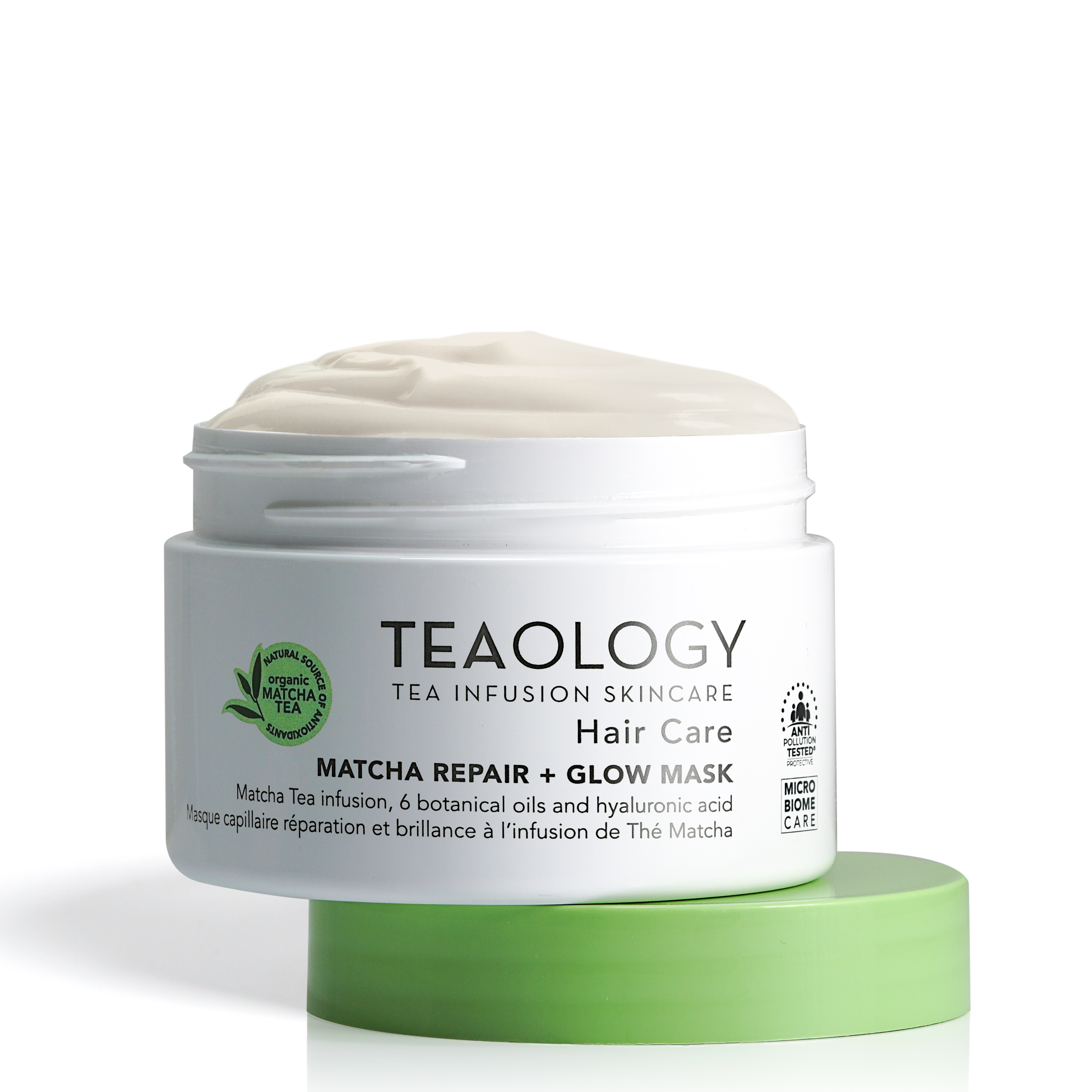 8050148502647-T50264-Hair-matcha-repair-glow-mask Teemaske für Haarpflege, Matcha Repair + Glow, 250ml, von Teaology, auf weißem Hintergrund mit grünem Deckel.