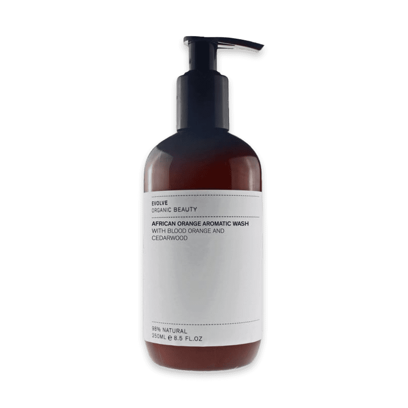 Evolve Organic Beauty African Orange Body Wash, 250ml Flasche mit Pumpspender, auf weißem Hintergrund.