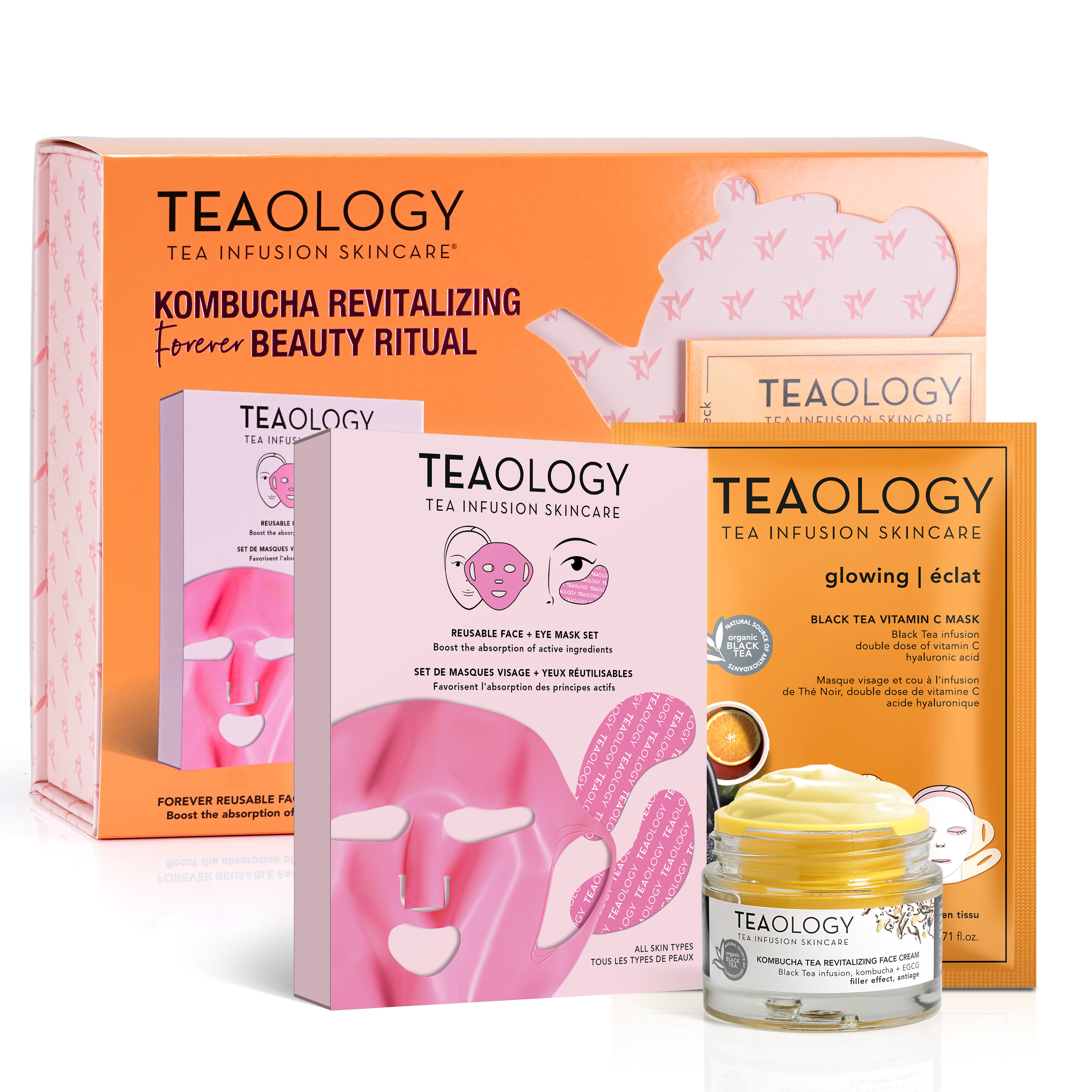 8050148505570_2-T50557-kombucha-beauty-ritual-prodotti TEAOLOGY Kombucha Revitalizing Beauty Ritual Set mit Maske, Creme und Vitamin C-Serum vor weißem Hintergrund.