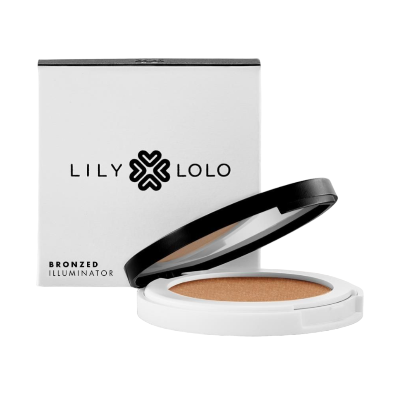 Lily Lolo Bronzed Illuminator in geöffneter weißer Dose vor der Verpackung.