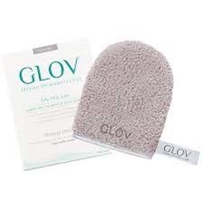 GLOV Abschminkhandschuh in Grau neben Verpackung auf weißem Hintergrund.