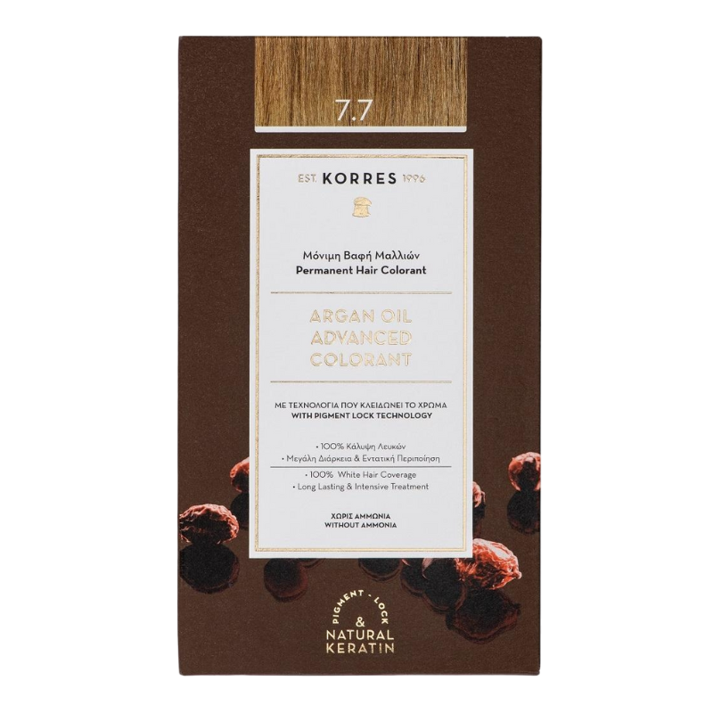 KORRES-ARGAN-OIL-HAIR-COLORANT-7-7-MOCCHA KORRES Argan Oil Haarfarbe 7.7 Moccha, Verpackungsvorderseite, brauner Hintergrund, Text in Weiß und Gold.
