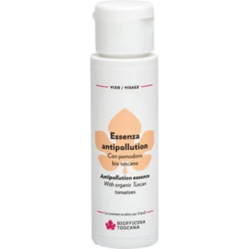 74809_754eccf6-512x512 Flasche mit Essenza Antipollution, Bio Toscana, Gesichtspflege, weiße Verpackung mit beigem und rotem Text.