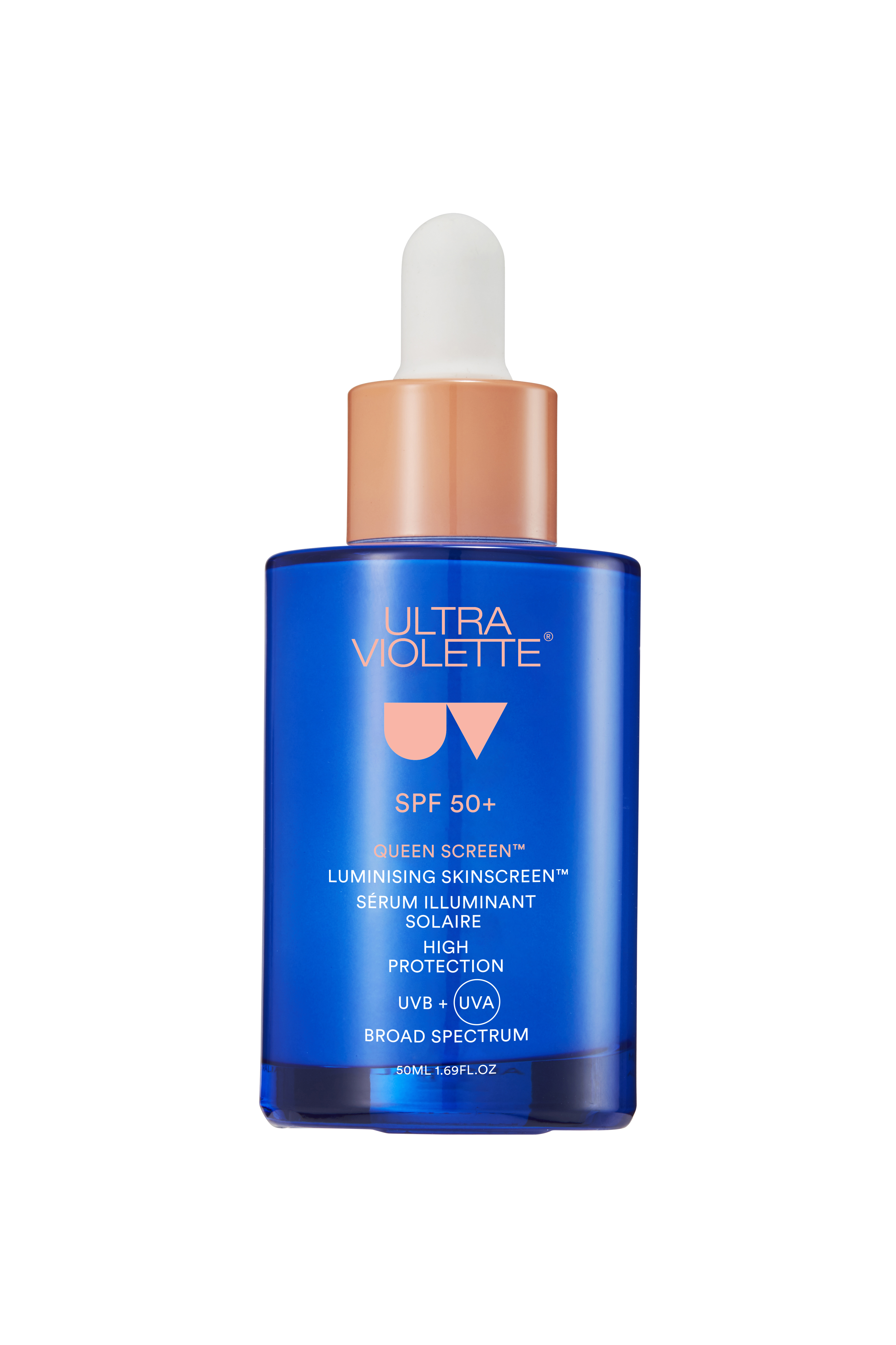Blaues Fläschchen Ultra Violette SPF 50+ Queen Screen Luminising Skinscreen Serum mit Pipette, 50 ml.