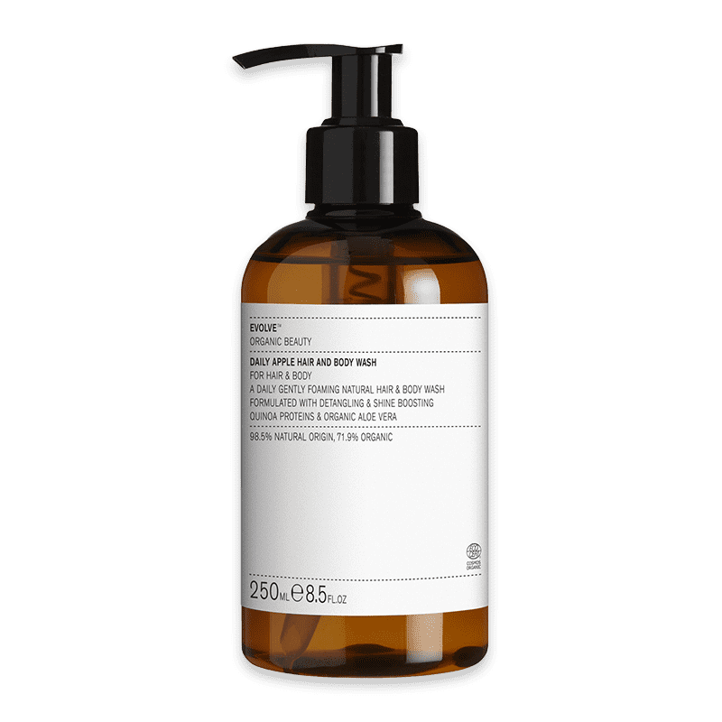 Evolve Organic Beauty Daily Apple Hair & Body Wash, 250 ml, braune Flasche mit Pumpspender.