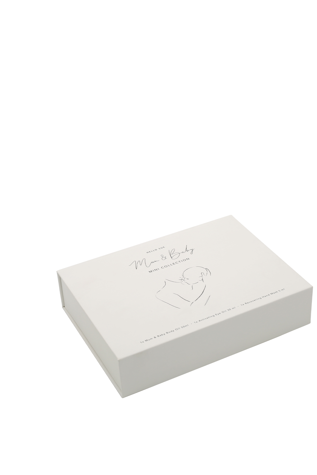Weiße Box mit der Aufschrift 'Mum & Baby Mini Collection' auf weißem Hintergrund.