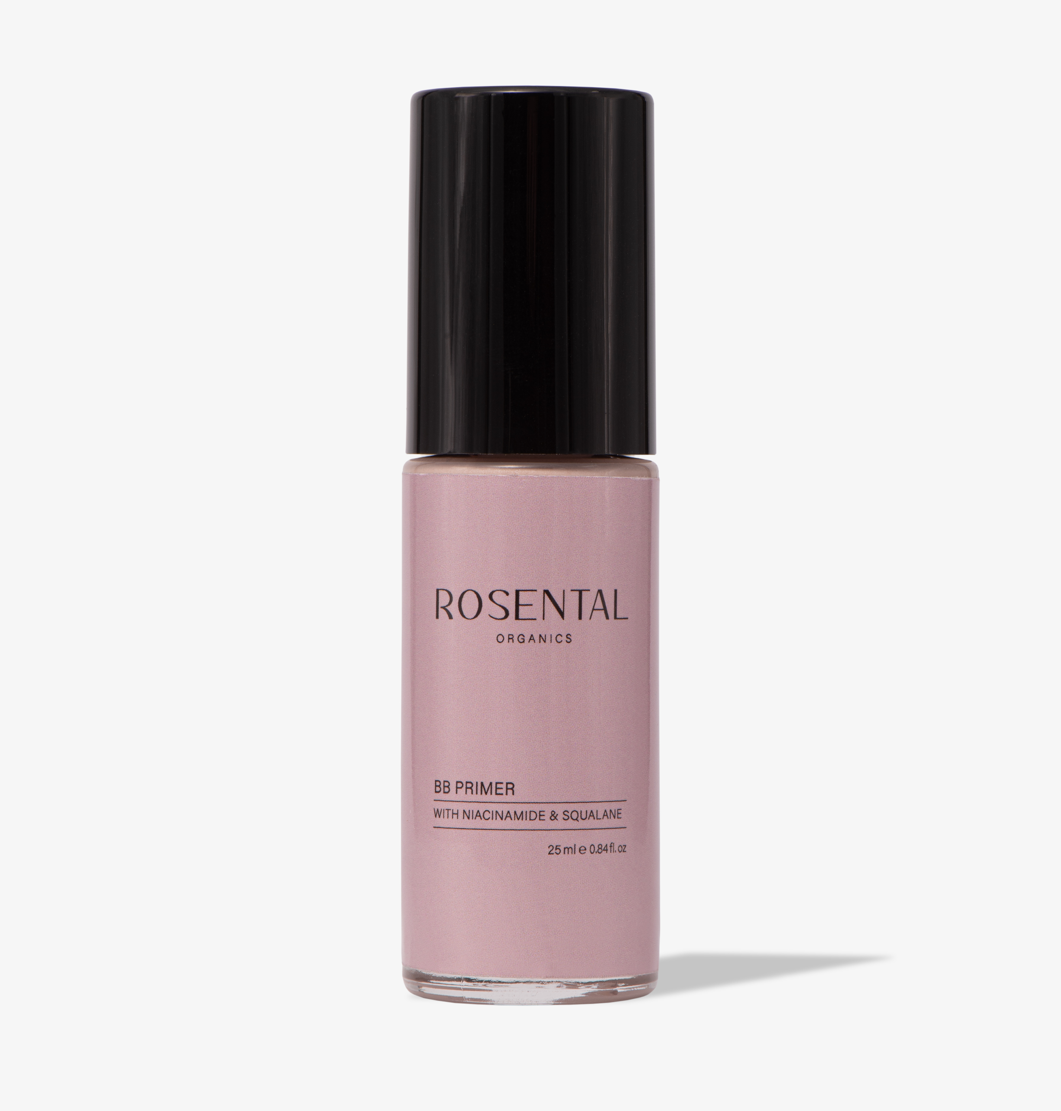 Rosental Organics BB Primer mit Niacinamid und Squalan, 25 ml Flasche, schwarzer Deckel, rosa Etikett.