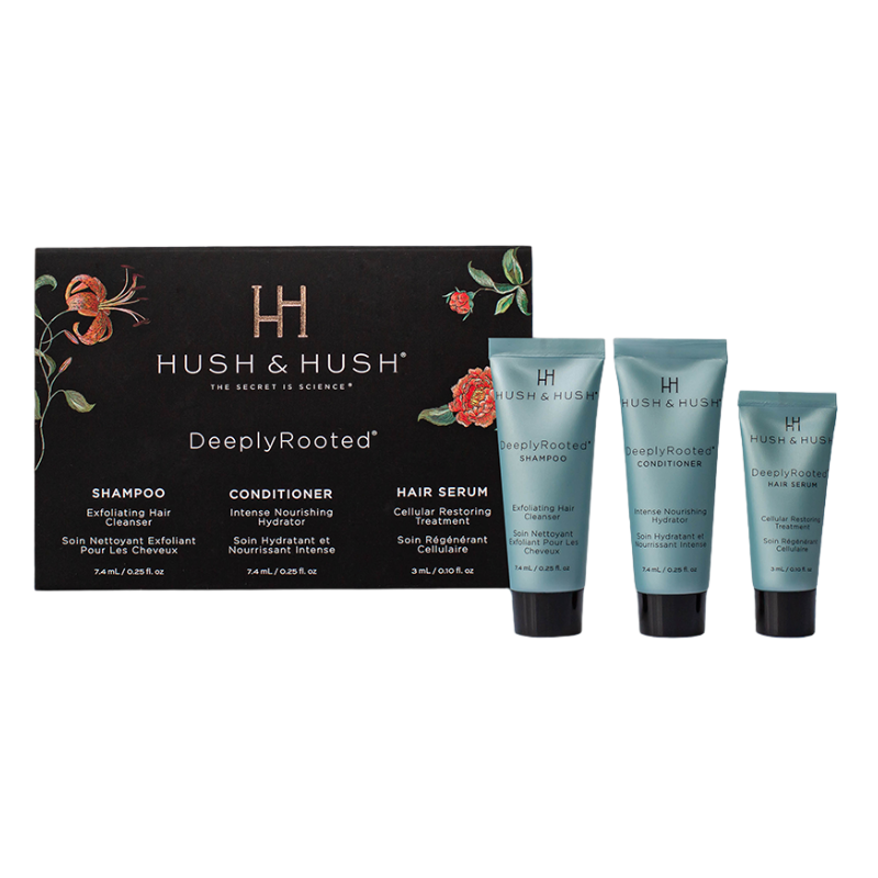 HUSH-HUSH-DEEPLYROOTED-TRIAL-SET Hush & Hush DeeplyRooted Trial Set: Shampoo, Conditioner und Haarserum in blauen Tuben vor schwarzer Verpackung.