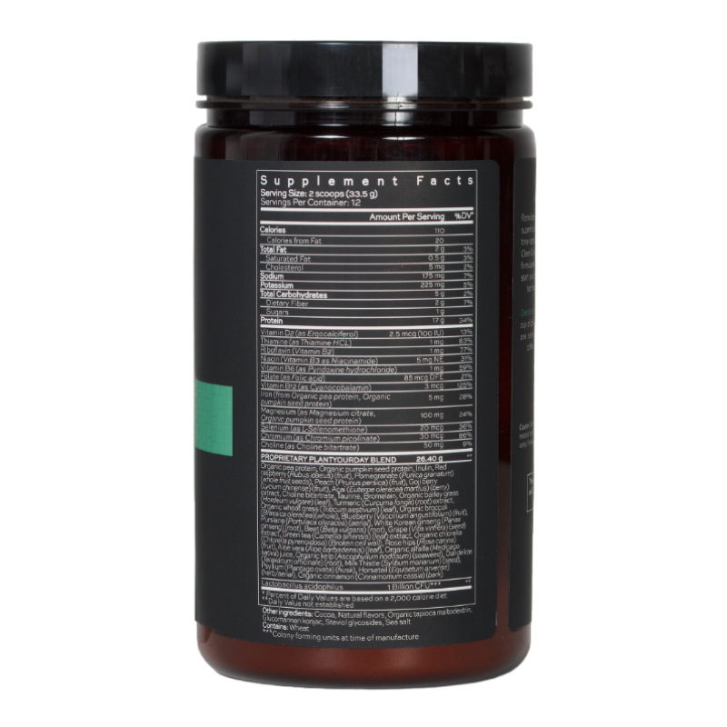 HUSH-HUSH-PLANTYOURDAY-3_3 Braunes Nahrungsergänzungsmittel-Behälter mit Nährwertangaben auf der Rückseite.