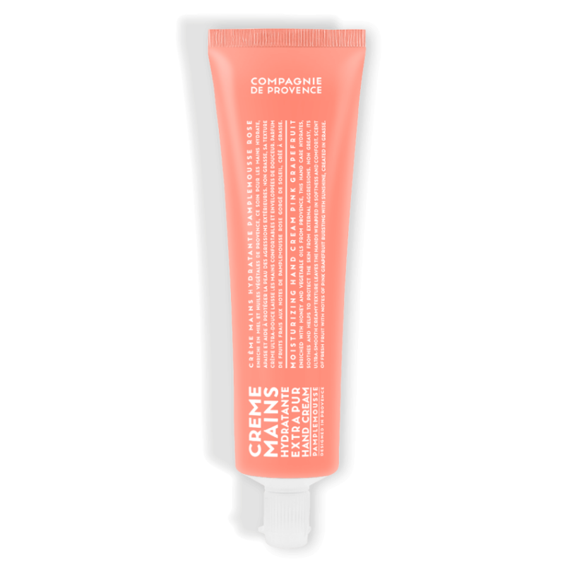 Rosa Handcreme-Tube mit weißer Aufschrift 'Creme Mains Extra Pur' und 'Compagnie de Provence'.