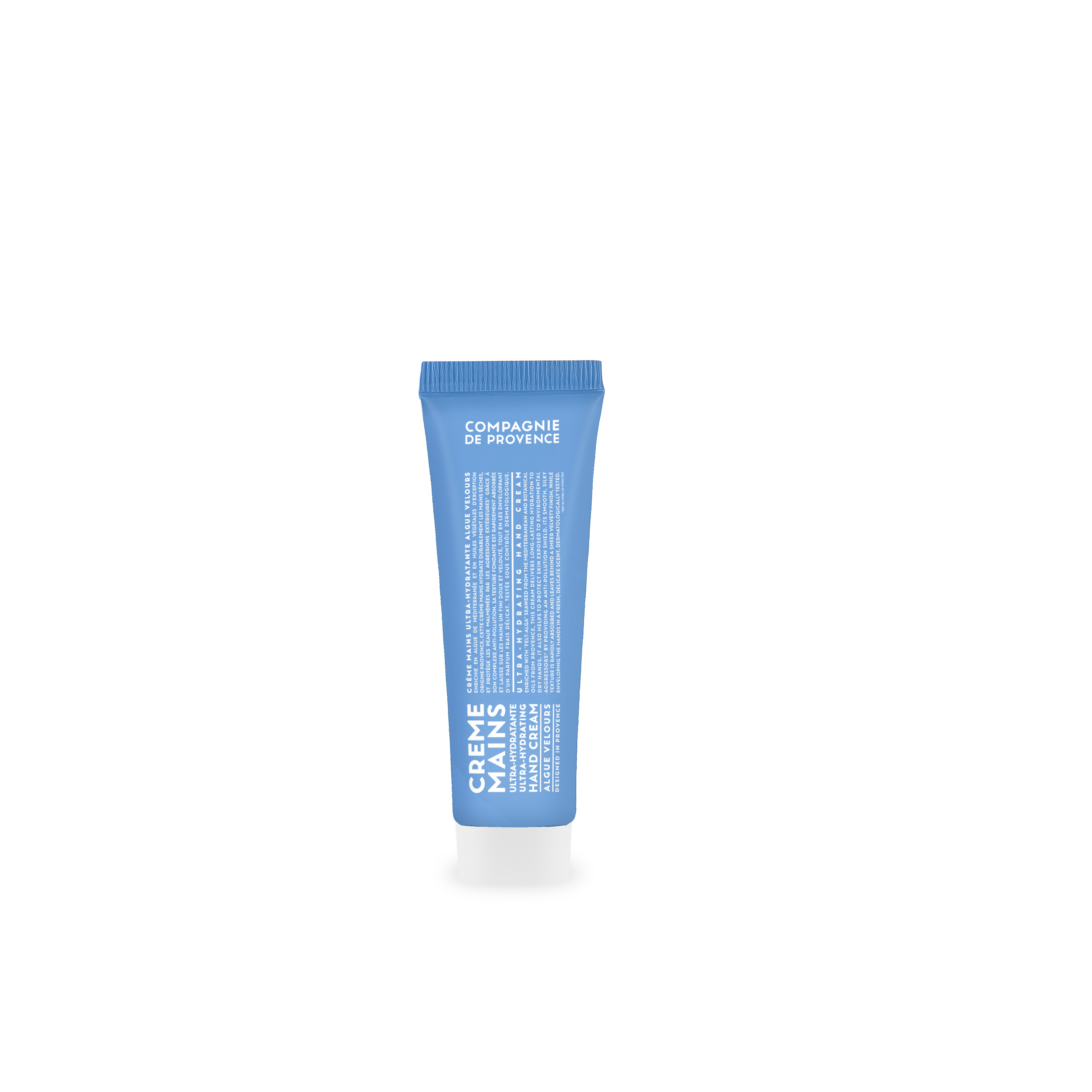 creme-mains-30ml-algue-velours Eine blaue Tube Handcreme von Compagnie de Provence, 30 ml, Algue Velours.