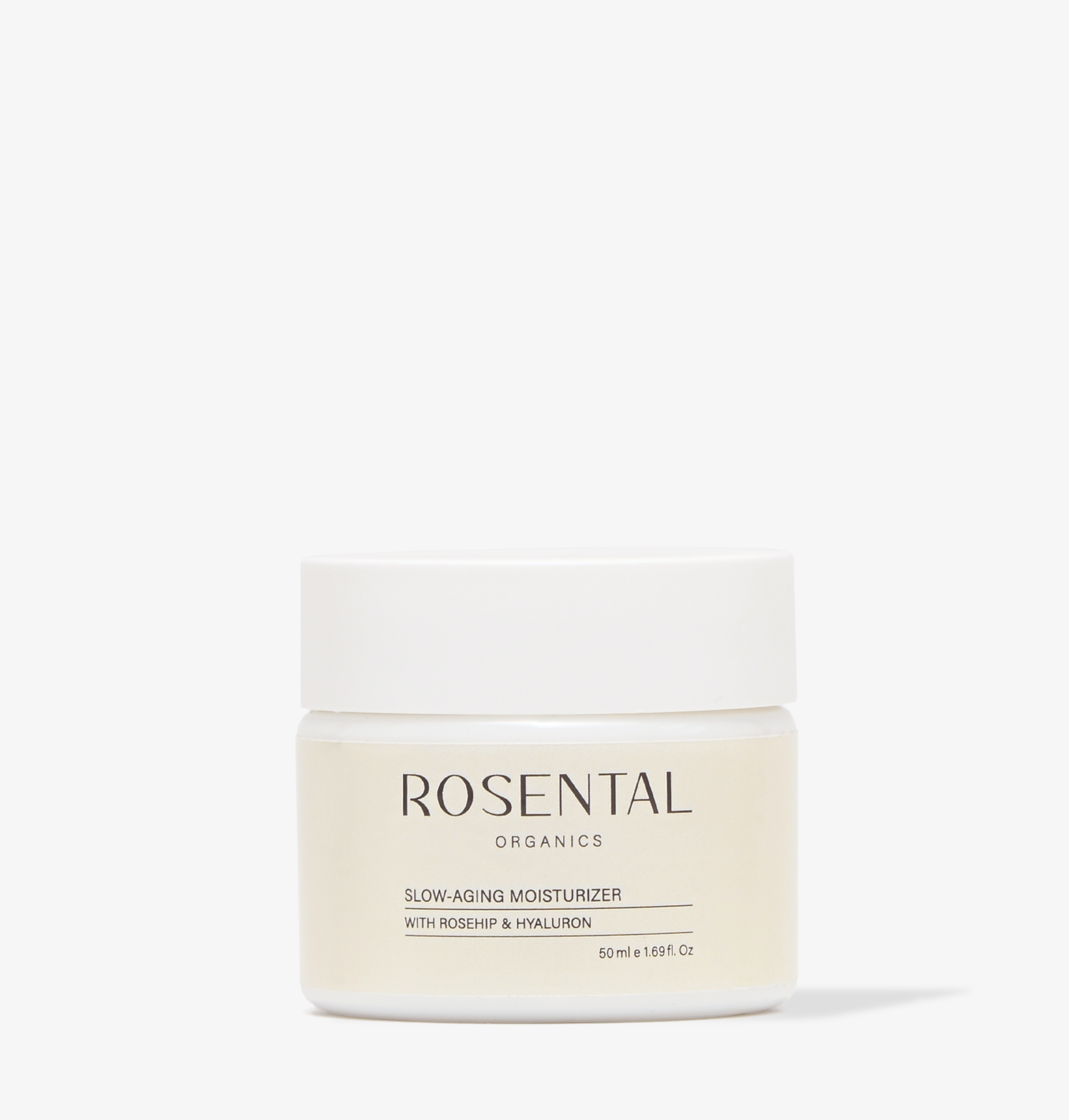 4260576411594 Rosental Organics Slow-Aging Moisturizer mit Hagebutte und Hyaluron, 50 ml, weißer Tiegel.