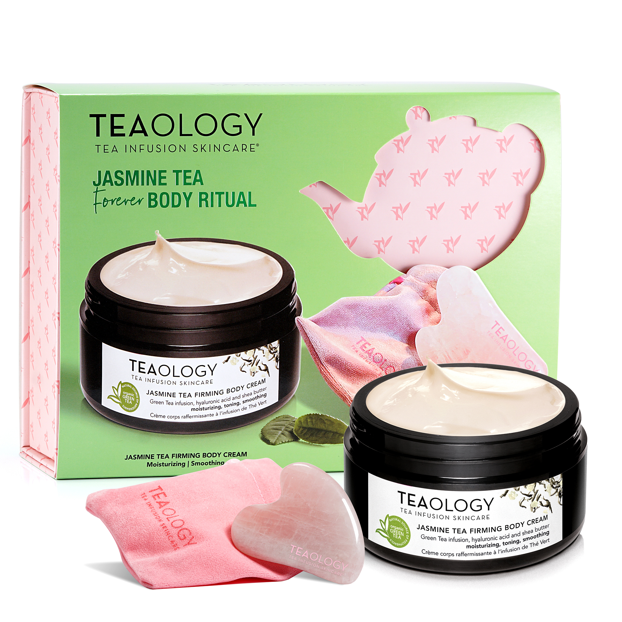 8050148505600_2-T50560-jasmine-beauty-ritual-prodotti TEAOLOGY Jasmine Tea Firming Body Cream Set mit Herz-Massagestein und rosa Beutel vor Verpackung.