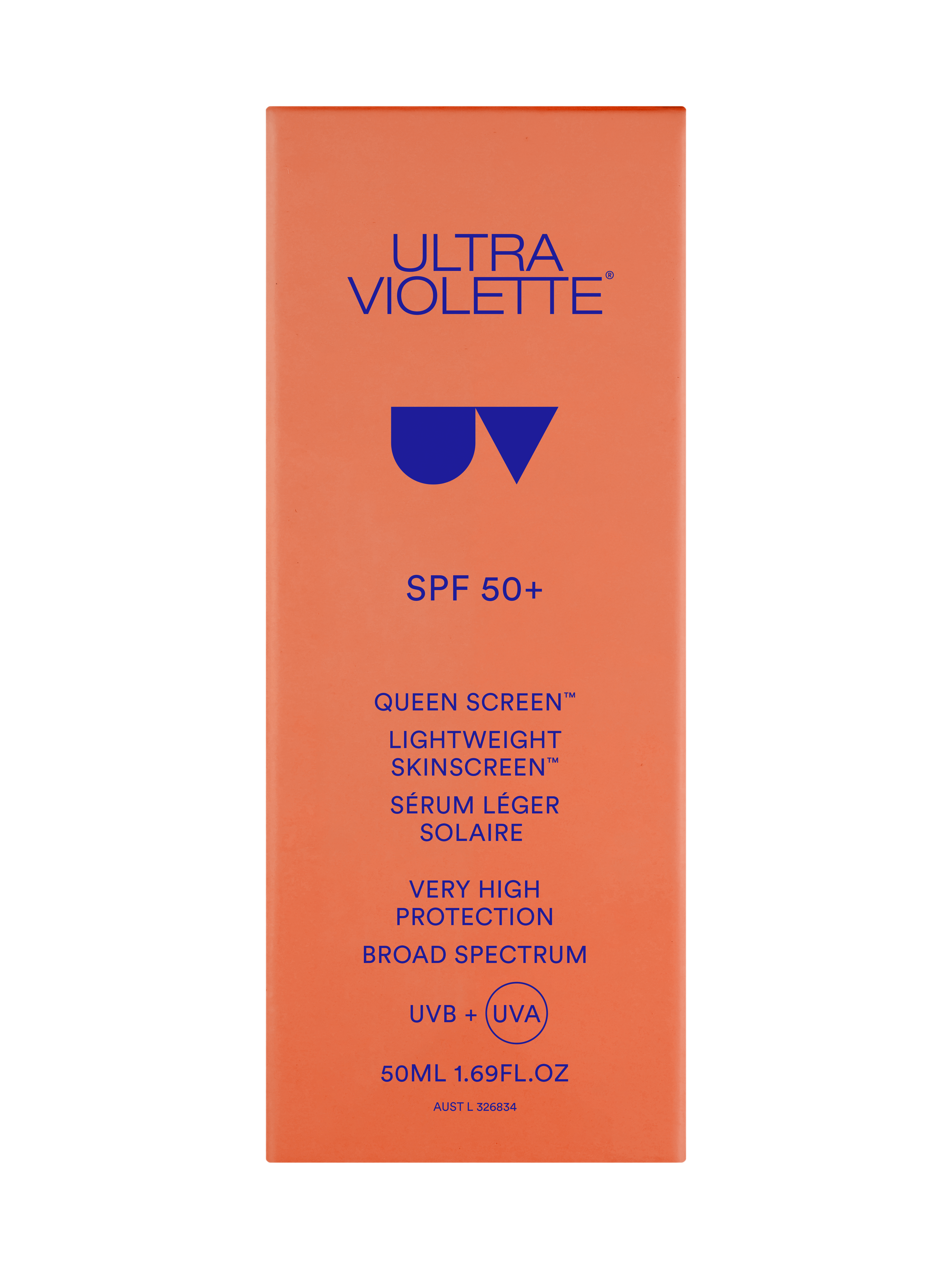 UV_QUEEN_CARTON_NEWpng Orange Verpackung von Ultra Violette Queen Screen SPF 50+ mit UVB- und UVA-Schutz, 50ml.