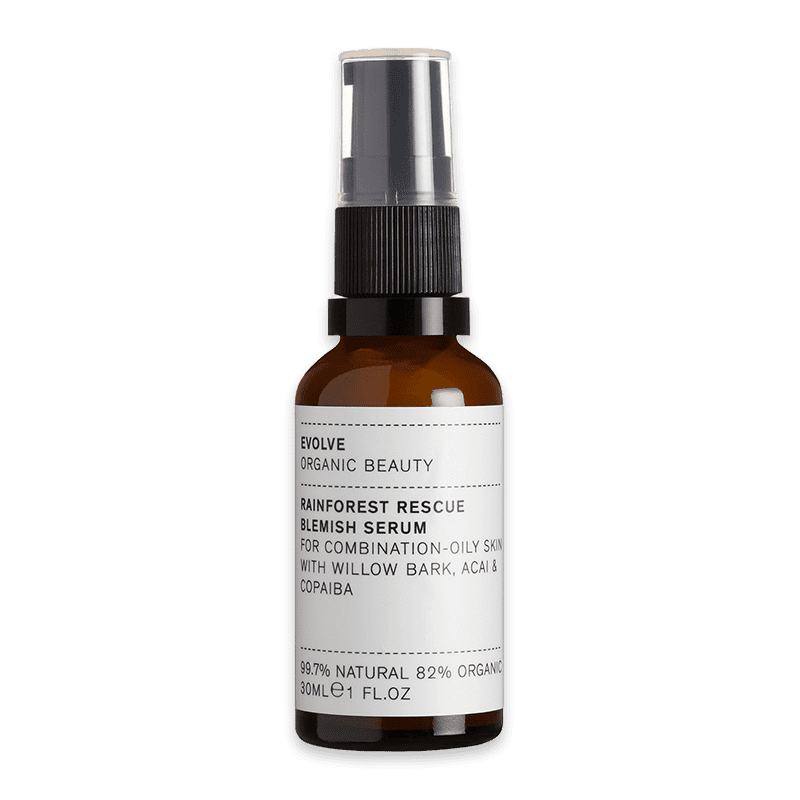 Evolve Organic Beauty Rainforest Rescue Blemish Serum für Mischhaut und fettige Haut, 30 ml Flasche.