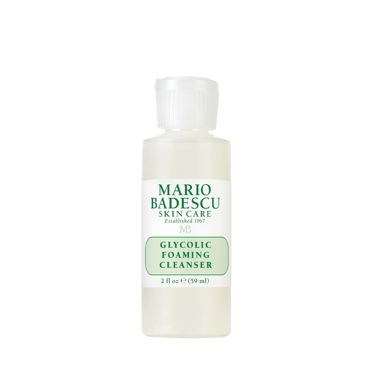 01433_0-glycol-reise Flasche Mario Badescu Glycolic Foaming Cleanser, 59 ml, auf weißem Hintergrund.