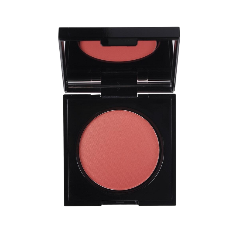 KORRES Wild Rose Rouge in Bright Coral, geöffnetes schwarzes Etui mit Spiegel.