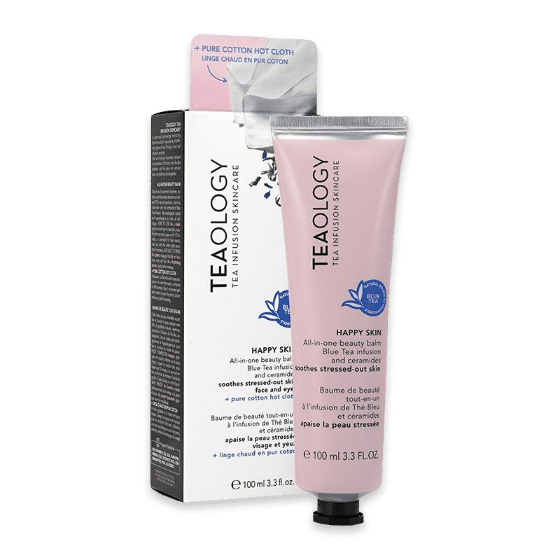 teaol_optimized-happy-skin TEAOLOGY Happy Skin All-in-One Beauty Balm, 100 ml Tube und Verpackung, mit Baumwolltuch.