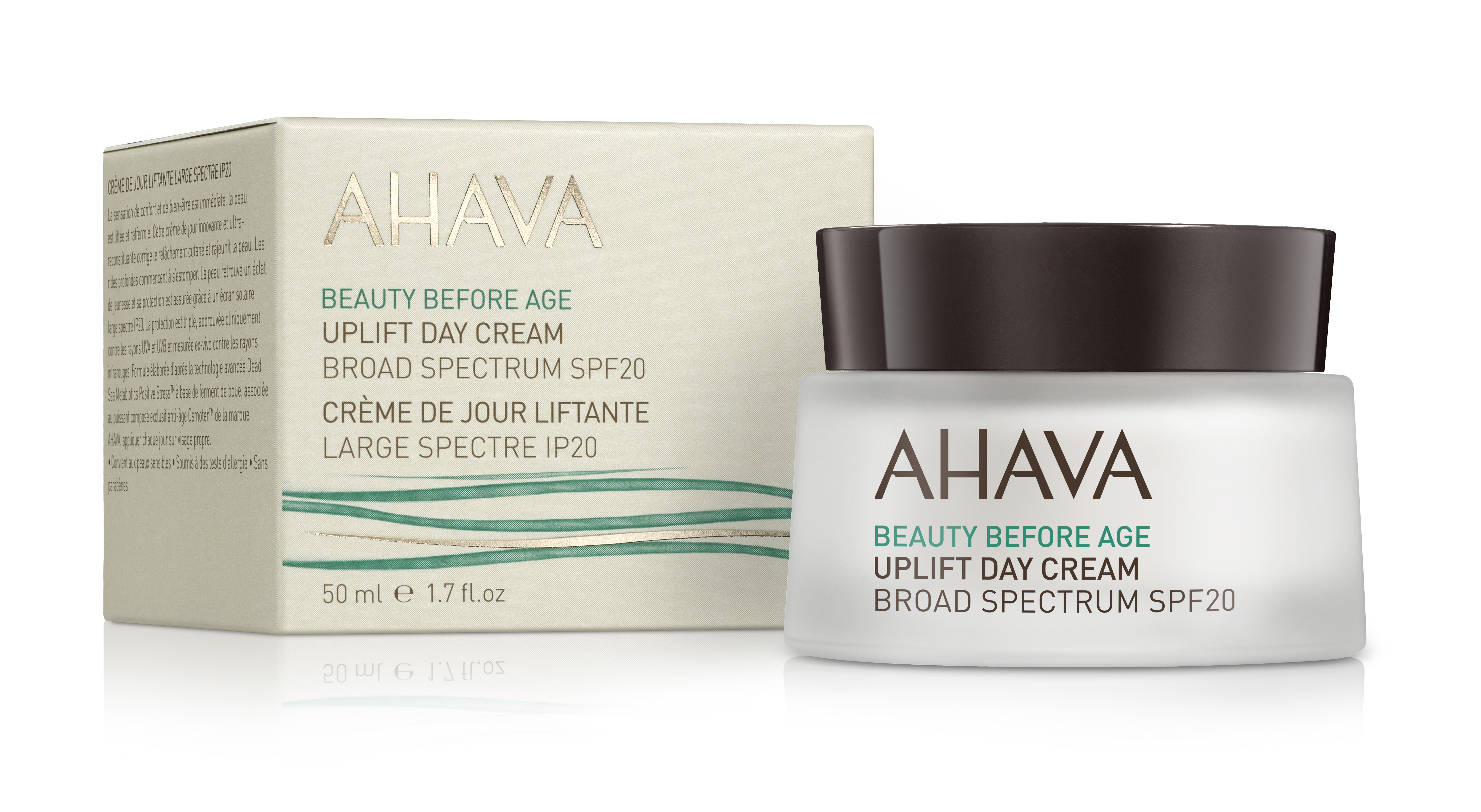 Uplift-Day-Cream-AHAVA AHAVA Uplift Day Cream SPF 20, 50 ml, in weißem Tiegel mit braunem Deckel, neben der Produktverpackung.