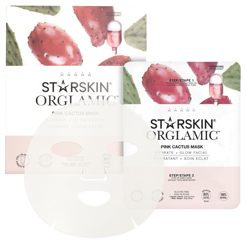 STARSKIN Orglamic Pink Cactus Oil Mask, feuchtigkeitsspendende Gesichtsmaske, Verpackung und Produktabbildung.