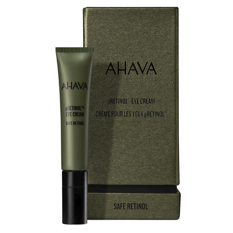 AHAVA-PRETINOL-EYE-CREAM AHAVA pRetinol Augencreme in grünem Behälter neben passender Verpackung.