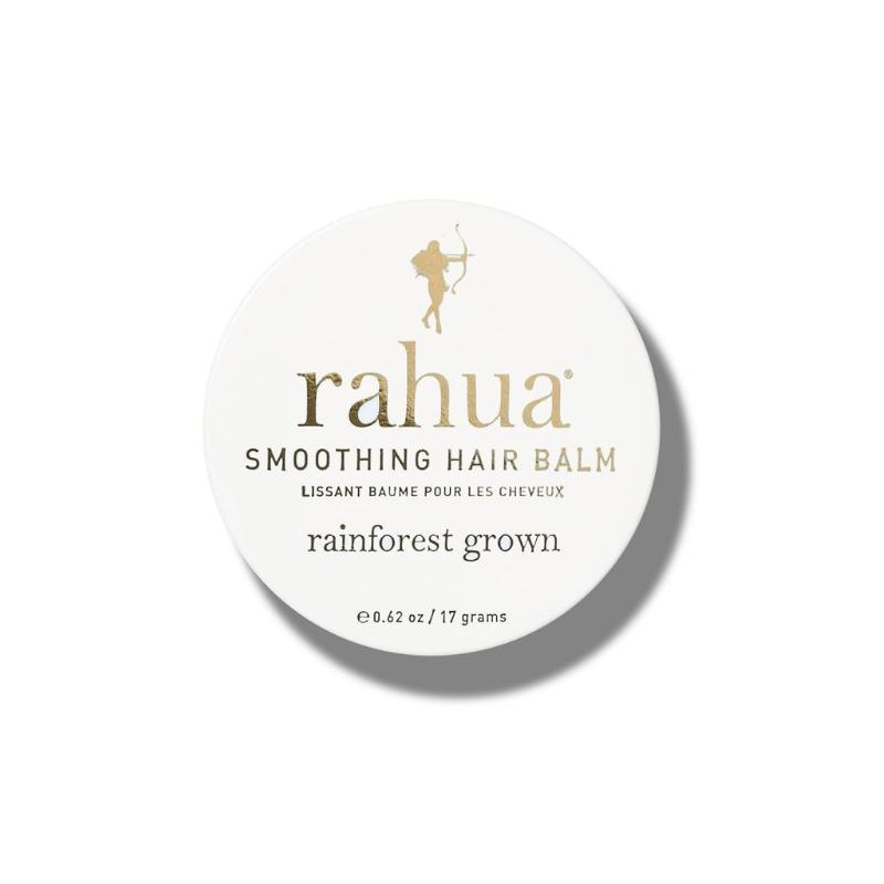 Rahua Smoothing Hair Balm, 17g, in weißer runder Verpackung mit goldener Schrift und Regenwald-Logo.