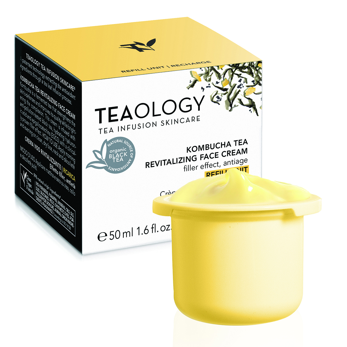 TEAOLOGY Kombucha Tea Revitalizing Face Cream Refill, 50ml, gelbe Nachfüllpackung vor Produktverpackung.