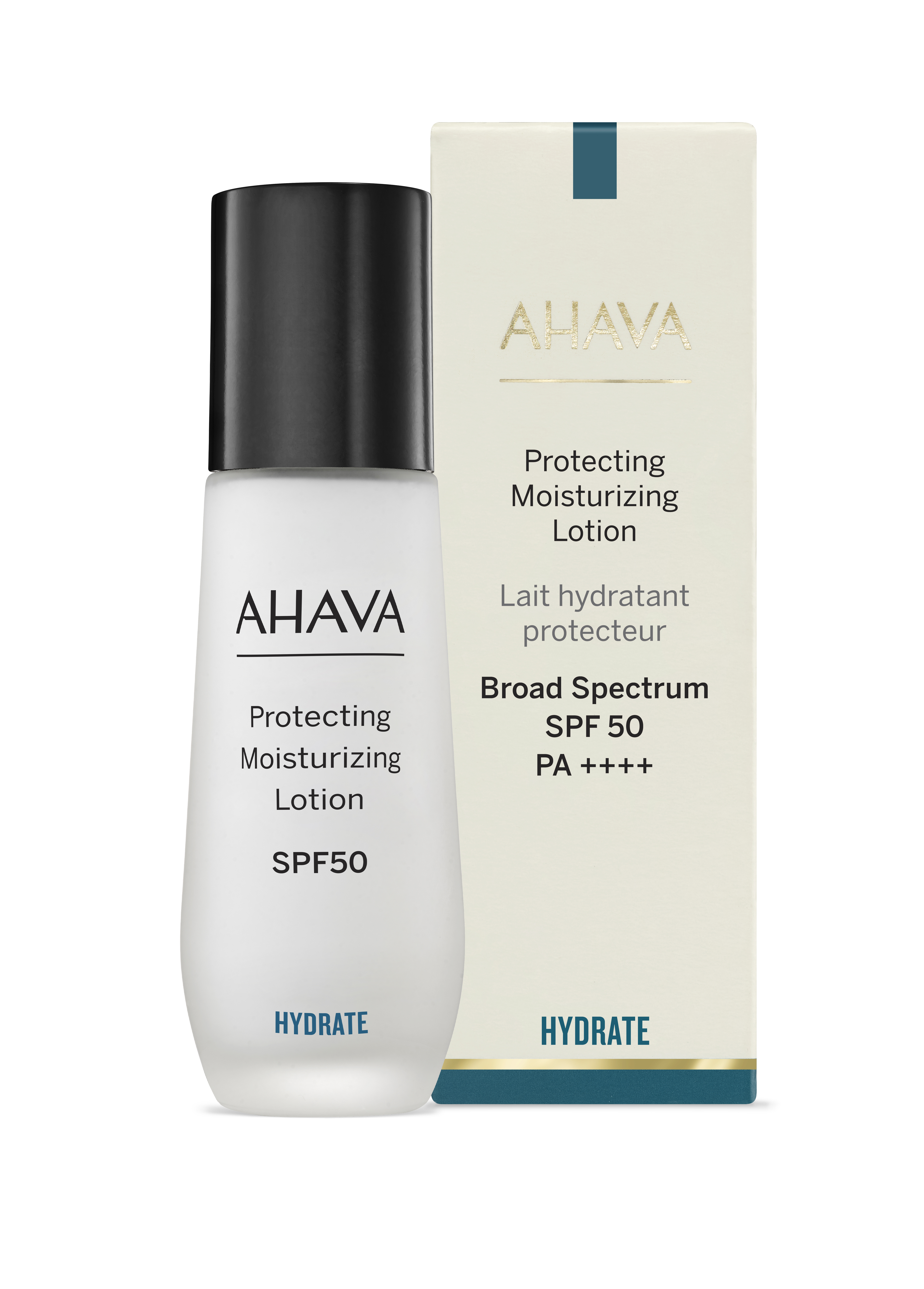 0697045162901 AHAVA schützende Feuchtigkeitslotion SPF 50, 50 ml Flasche vor Verpackung.