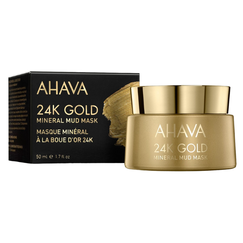 AHAVA-24K-GOLD-MINERAL-MUD-MASK AHAVA 24K Gold Mineral Mud Mask, 50 ml, in goldener Verpackung mit schwarzem Karton.