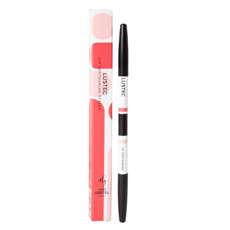 UND GRETEL LUSTEC Lip Contouring Styler 03 Soft Pink, Lippenkonturenstift neben Verpackung.