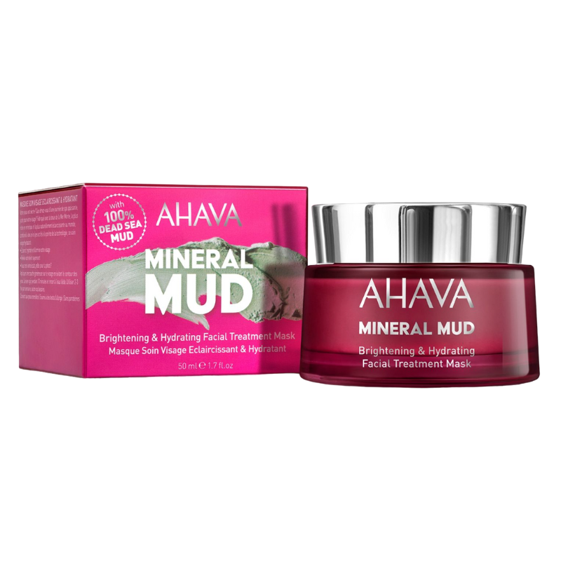 AHAVA Mineral Mud Brightening & Hydrating Facial Treatment Mask in roter Verpackung und Glasbehälter.